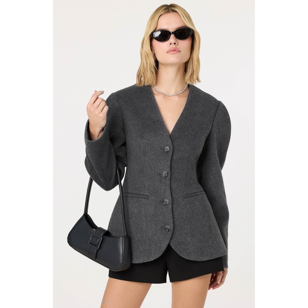 ASTR The Label M Ada Wool Blend Cinched Jacket Charcoal Grey Puff Sleeve Blazer
